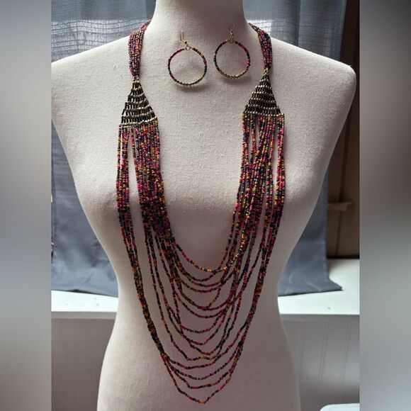Multi-Strand Multicolored Necklace + Matching Earrings - Picture 1 of 3